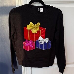 Divided Black Sweater with Colorful Gift Box Design